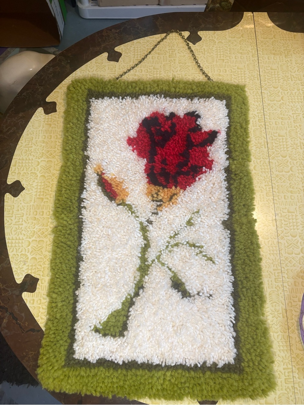Vintage Handmade Latch Hook Rug Wall Hanging with Red Rose